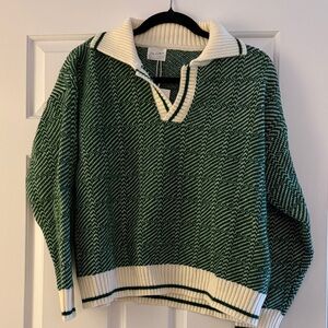 Chic Green and White V-Neck Sweater